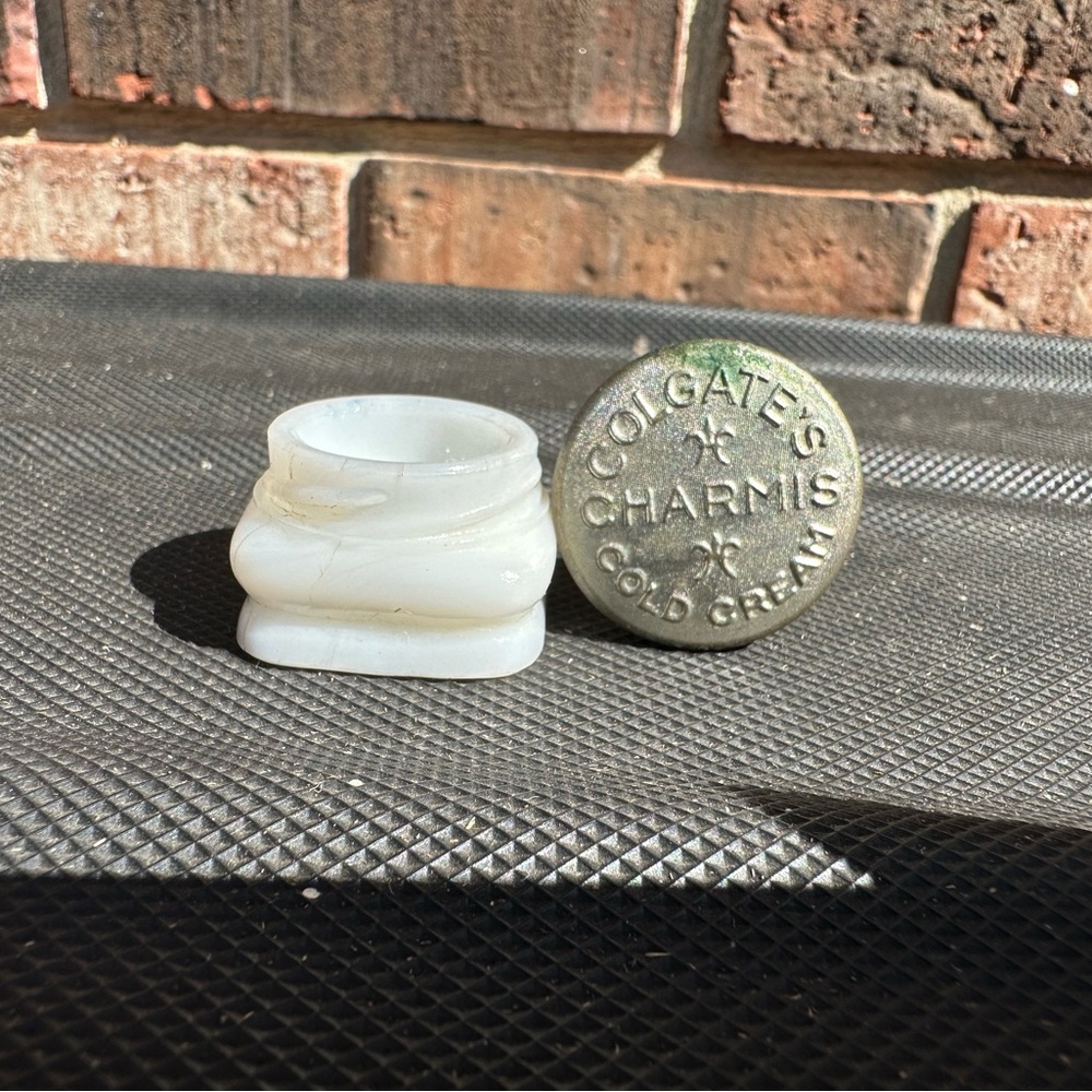 Miniature Colgate's Charmis Cold Cream Milk Glass Jar White Embossed Lid Empty